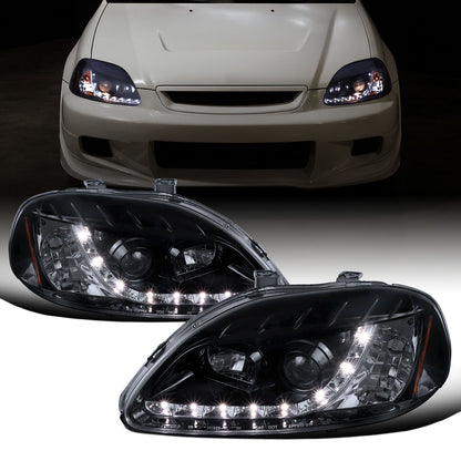 Ronnin - Se adapta a Honda Civic 1996-1998, conjunto de faros delanteros con proyector de luces de circulación diurna LED de repuesto mejorado, par | Negro humo
