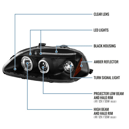 Ronnin - Faros delanteros con proyector LED doble de repuesto mejorados para Honda Civic 1996-1998, par | Negro