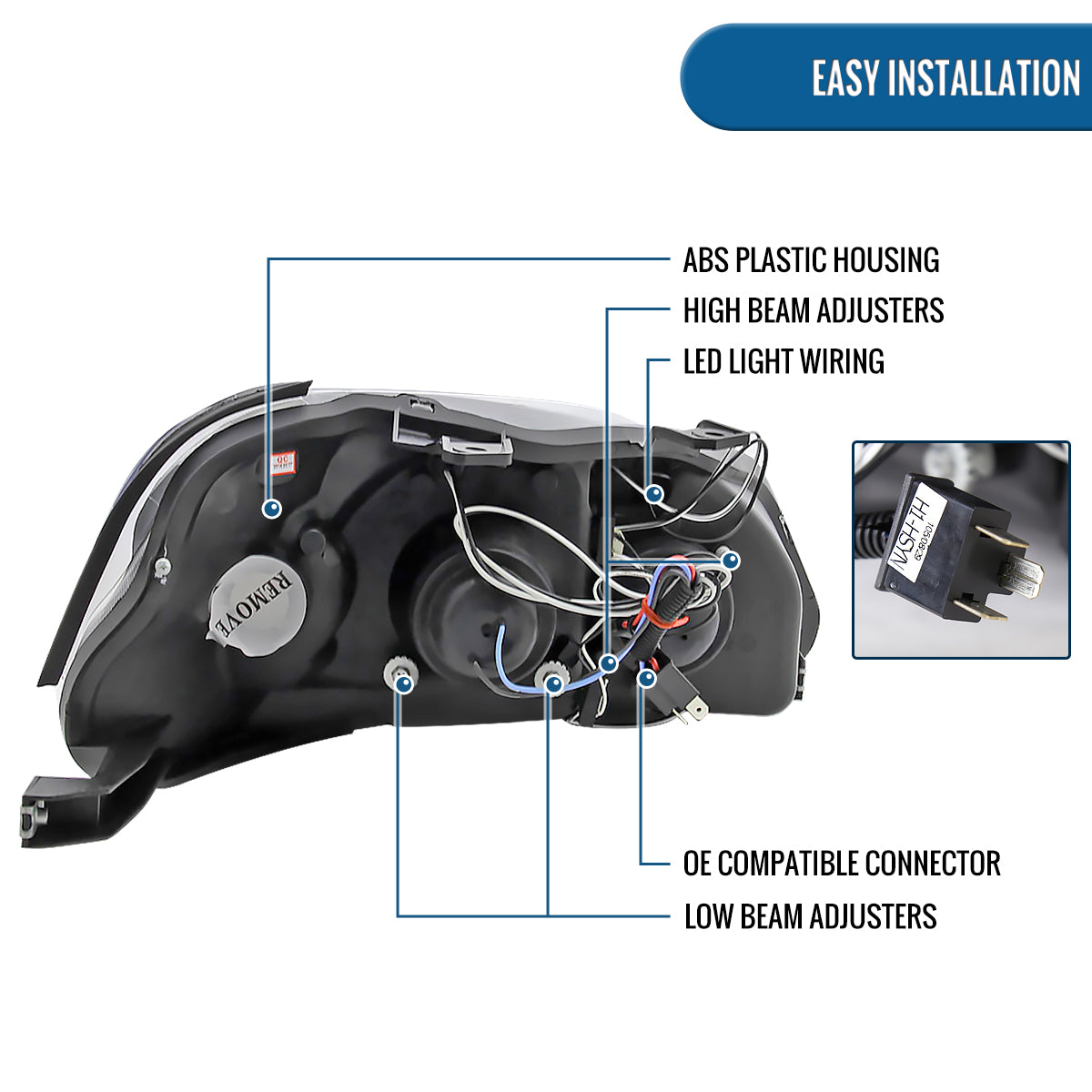 Ronnin - Compatible con Honda Civic 1999-2000, juego de dos faros delanteros con proyector, aros dobles LED, luces de circulación diurna, repuesto mejorado | Cromo