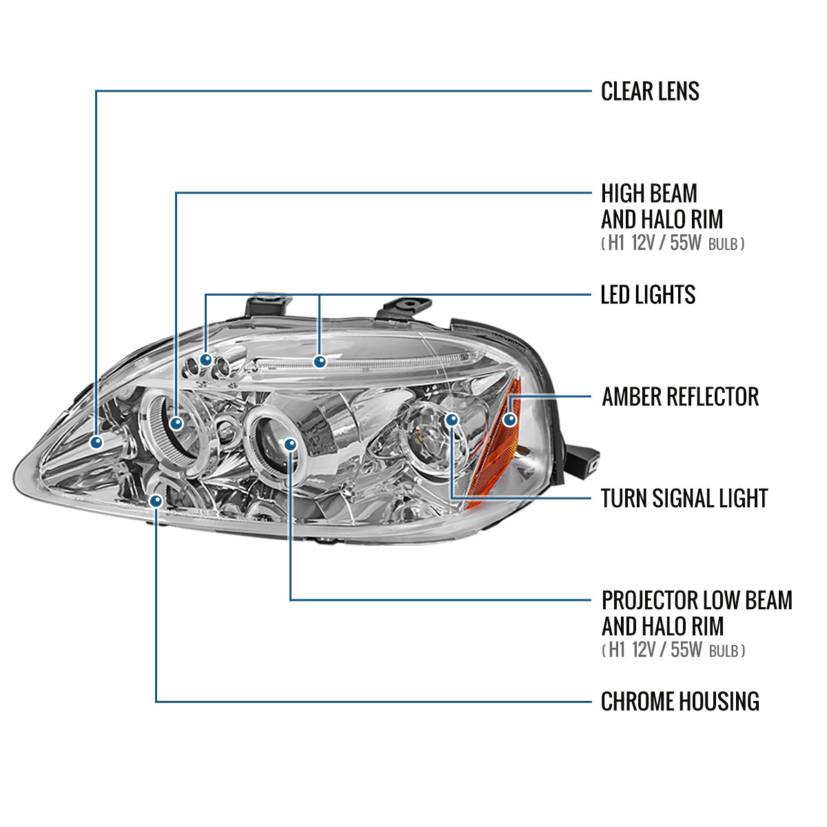 Ronnin - Compatible con Honda Civic 1999-2000, juego de dos faros delanteros con proyector, aros dobles LED, luces de circulación diurna, repuesto mejorado | Cromo