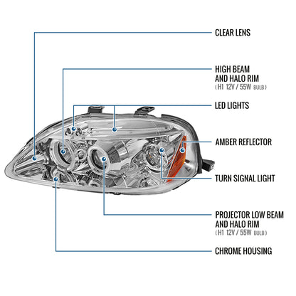 Ronnin - Compatible con Honda Civic 1999-2000, juego de dos faros delanteros con proyector, aros dobles LED, luces de circulación diurna, repuesto mejorado | Cromo