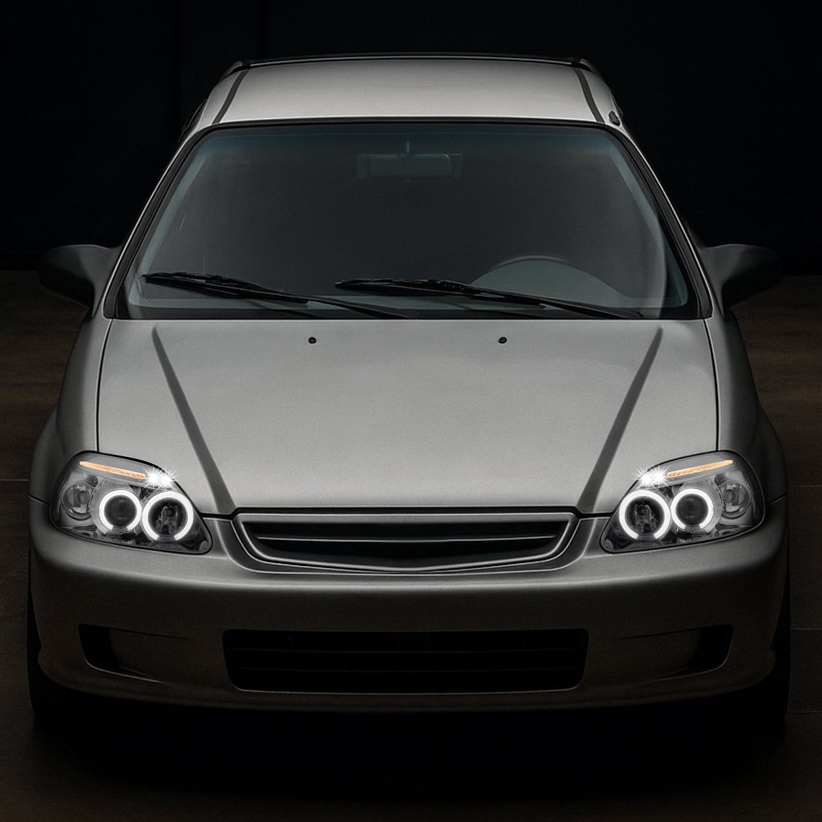 Ronnin - Compatible con Honda Civic 1999-2000, juego de dos faros delanteros con proyector, aros dobles LED, luces de circulación diurna, repuesto mejorado | Cromo