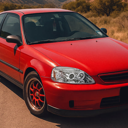 Ronnin - Compatible con Honda Civic 1999-2000, juego de dos faros delanteros con proyector, aros dobles LED, luces de circulación diurna, repuesto mejorado | Cromo