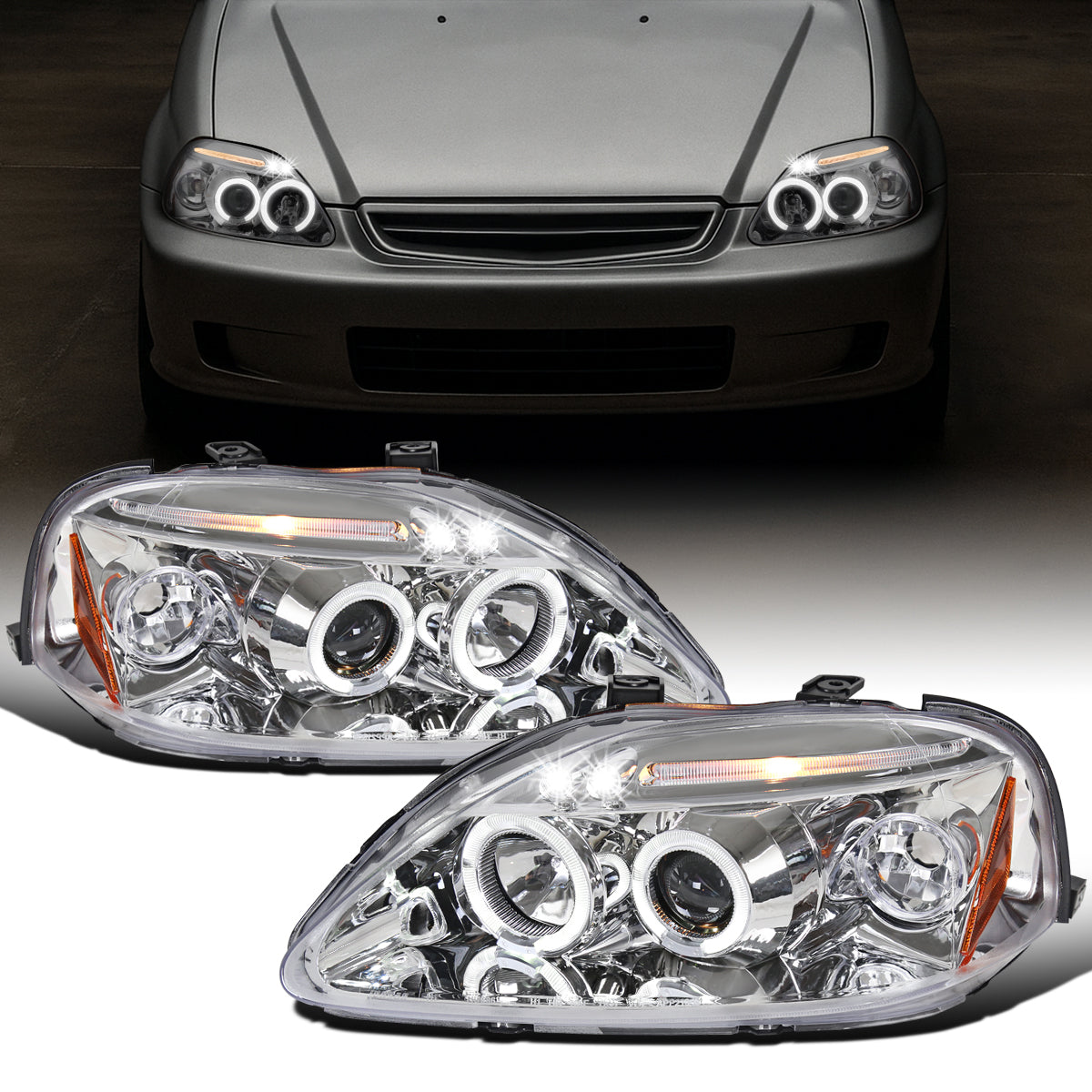 Ronnin - Compatible con Honda Civic 1999-2000, juego de dos faros delanteros con proyector, aros dobles LED, luces de circulación diurna, repuesto mejorado | Cromo