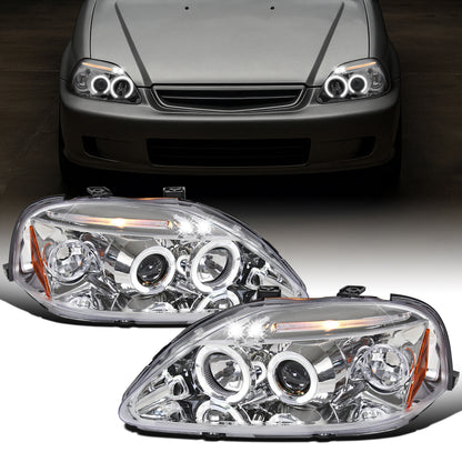 Ronnin - Compatible con Honda Civic 1999-2000, juego de dos faros delanteros con proyector, aros dobles LED, luces de circulación diurna, repuesto mejorado | Cromo