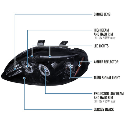 Ronnin - Compatible con Honda Civic 1999-2000, juego de dos faros proyectores LED de doble aro para luces de marcha, repuesto mejorado | Negro Ahumado