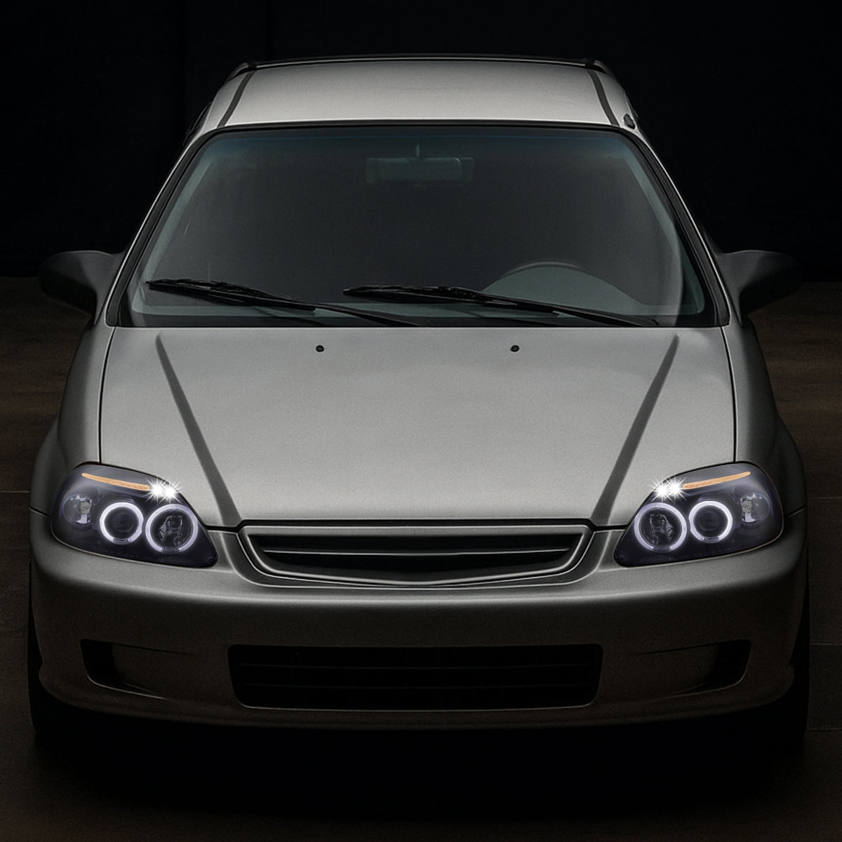 Ronnin - Compatible con Honda Civic 1999-2000, juego de dos faros proyectores LED de doble aro para luces de marcha, repuesto mejorado | Negro Ahumado