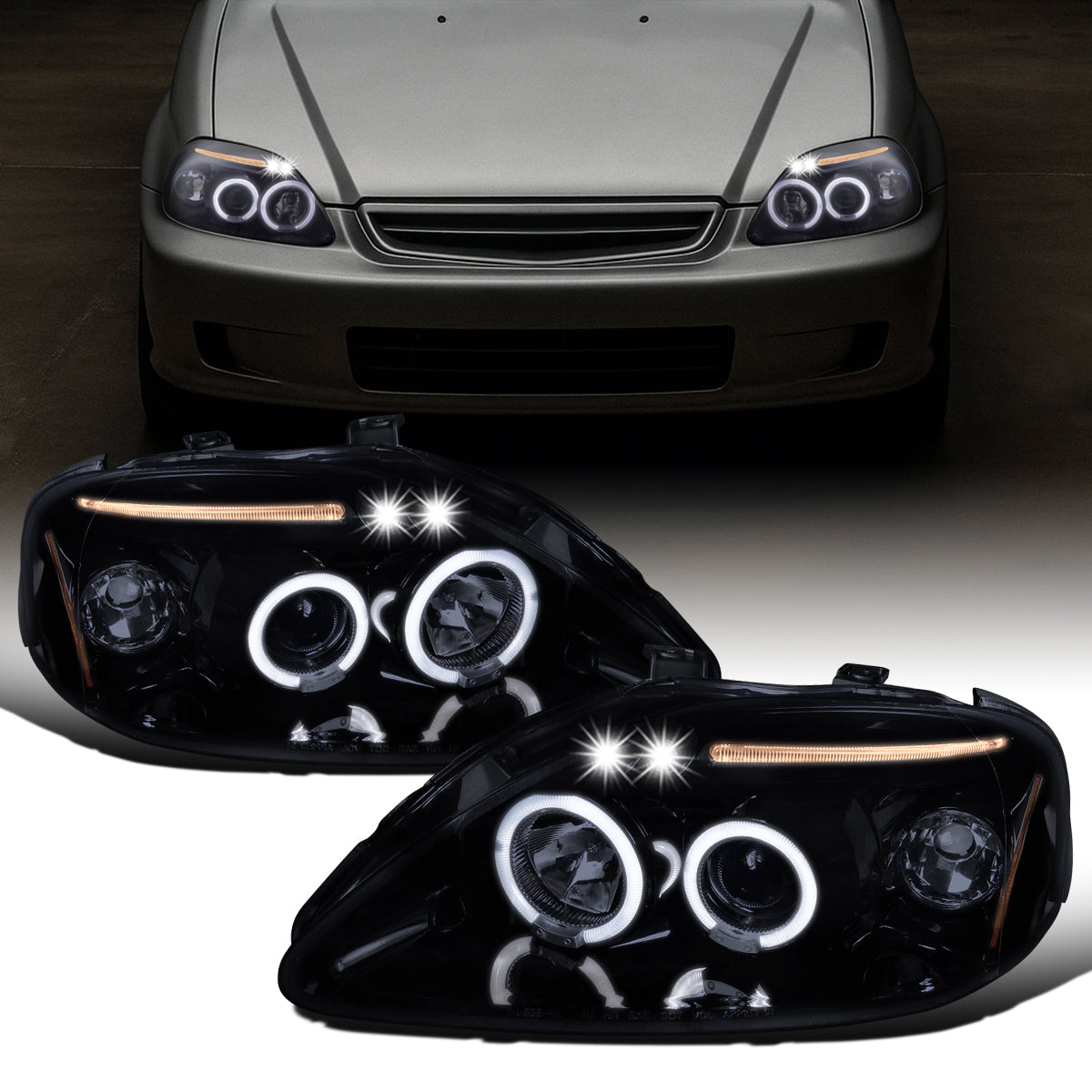 Ronnin - Compatible con Honda Civic 1999-2000, juego de dos faros proyectores LED de doble aro para luces de marcha, repuesto mejorado | Negro Ahumado