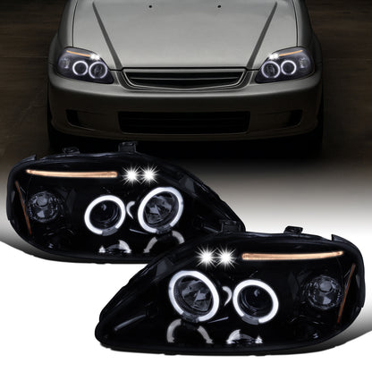 Ronnin - Compatible con Honda Civic 1999-2000, juego de dos faros proyectores LED de doble aro para luces de marcha, repuesto mejorado | Negro Ahumado