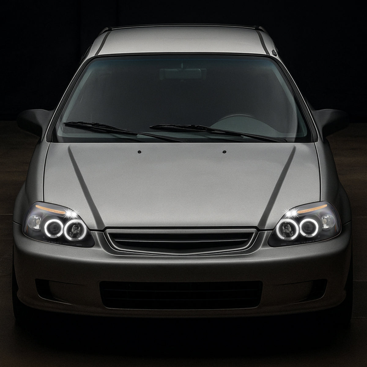 Ronnin - Se adapta a Honda Civic 1999-2000. Juego de faros delanteros con proyector de LED de doble aro para luces de marcha. Par de ensamblajes. Negro.
