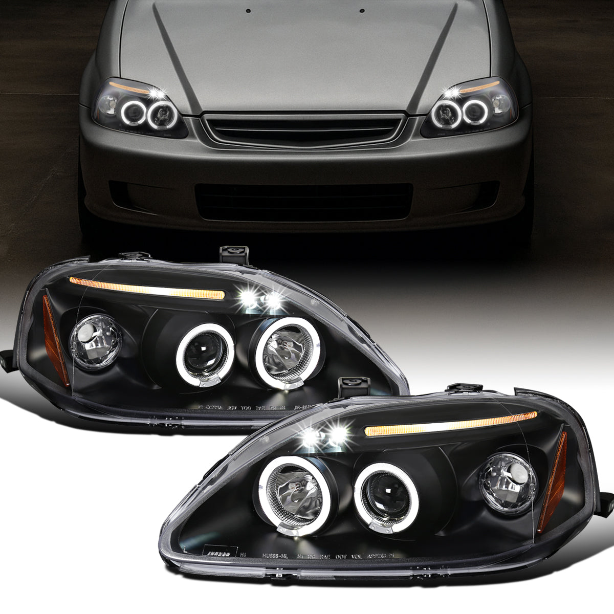 Ronnin - Se adapta a Honda Civic 1999-2000. Juego de faros delanteros con proyector de LED de doble aro para luces de marcha. Par de ensamblajes. Negro.
