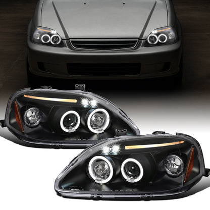 Ronnin - Se adapta a Honda Civic 1999-2000. Juego de faros delanteros con proyector de LED de doble aro para luces de marcha. Par de ensamblajes. Negro.
