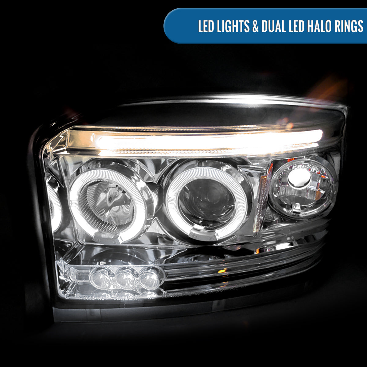 2005-2007 Dodge Dakota Upgrade Replacement LED Dual Rims Projector Headlights Assembly Pair | Chrome
