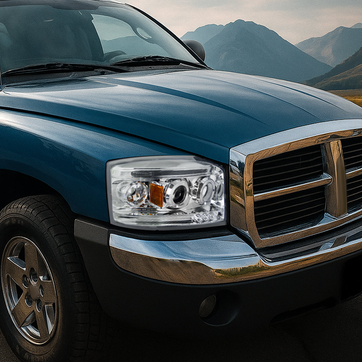 2005-2007 Dodge Dakota Upgrade Replacement LED Dual Rims Projector Headlights Assembly Pair | Chrome