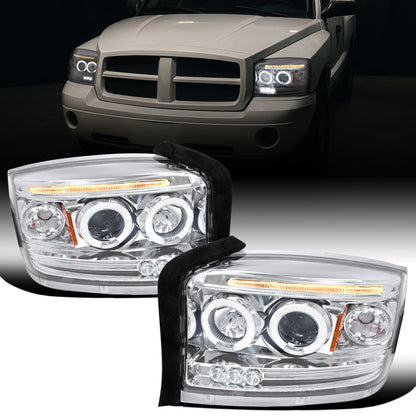 2005-2007 Dodge Dakota Upgrade Replacement LED Dual Rims Projector Headlights Assembly Pair | Chrome