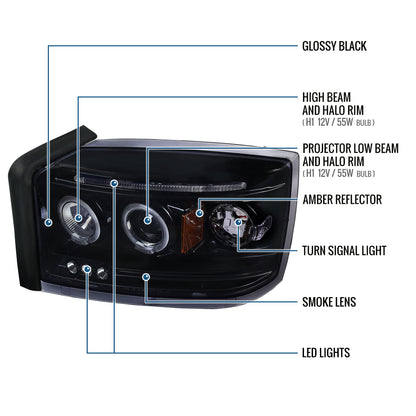 Ronnin - Se adapta a Dodge Dakota 2005-2007. Montaje de faros delanteros de proyector LED de doble aro de repuesto y mejora | Par ahumado negro
