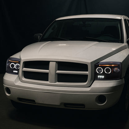Ronnin - Se adapta a Dodge Dakota 2005-2007. Montaje de faros delanteros de proyector LED de doble aro de repuesto y mejora | Par ahumado negro