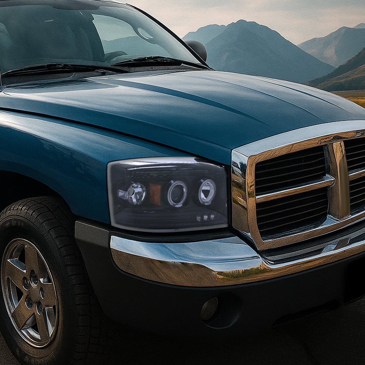 Ronnin - Se adapta a Dodge Dakota 2005-2007. Montaje de faros delanteros de proyector LED de doble aro de repuesto y mejora | Par ahumado negro