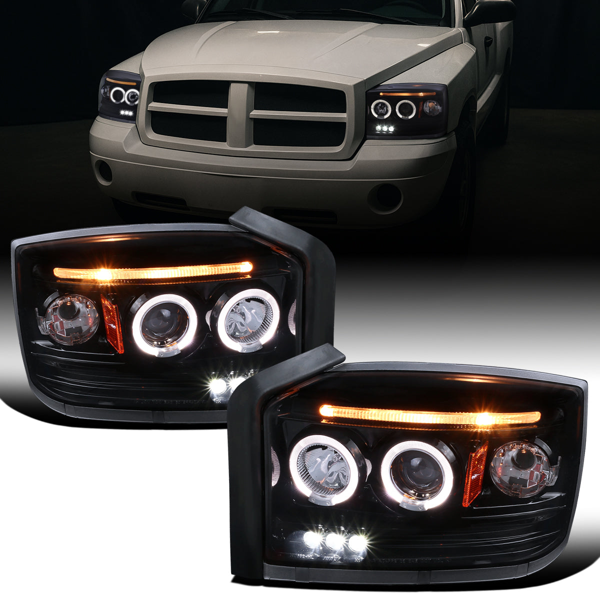 Ronnin - Se adapta a Dodge Dakota 2005-2007. Montaje de faros delanteros de proyector LED de doble aro de repuesto y mejora | Par ahumado negro
