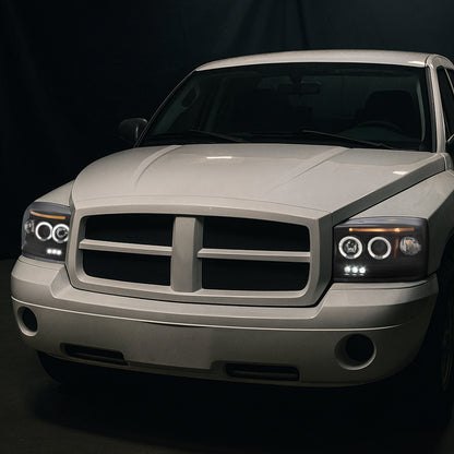 Ronnin - Se adapta a Dodge Dakota 2005-2007, mejora, reemplazo, luces delanteras de proyector LED de doble aro, conjunto de faros, par | Negro