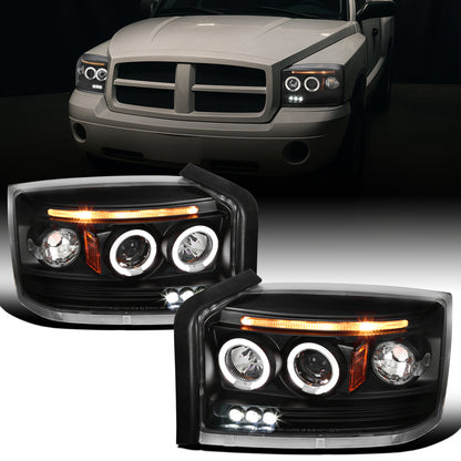 Ronnin - Se adapta a Dodge Dakota 2005-2007, mejora, reemplazo, luces delanteras de proyector LED de doble aro, conjunto de faros, par | Negro