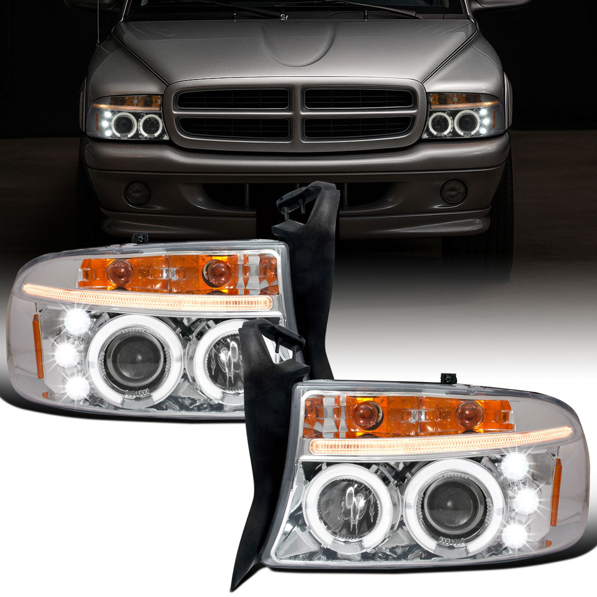 1997-2004 Dodge Dakota Durango Upgrade Replacement LED Dual Rims Running Lights Projector Headlights Assembly Pair | Chrome