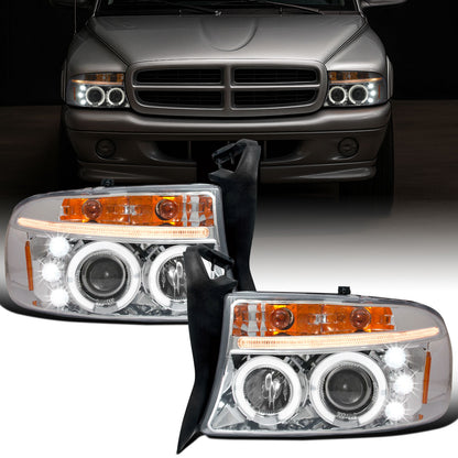 1997-2004 Dodge Dakota Durango Upgrade Replacement LED Dual Rims Running Lights Projector Headlights Assembly Pair | Chrome