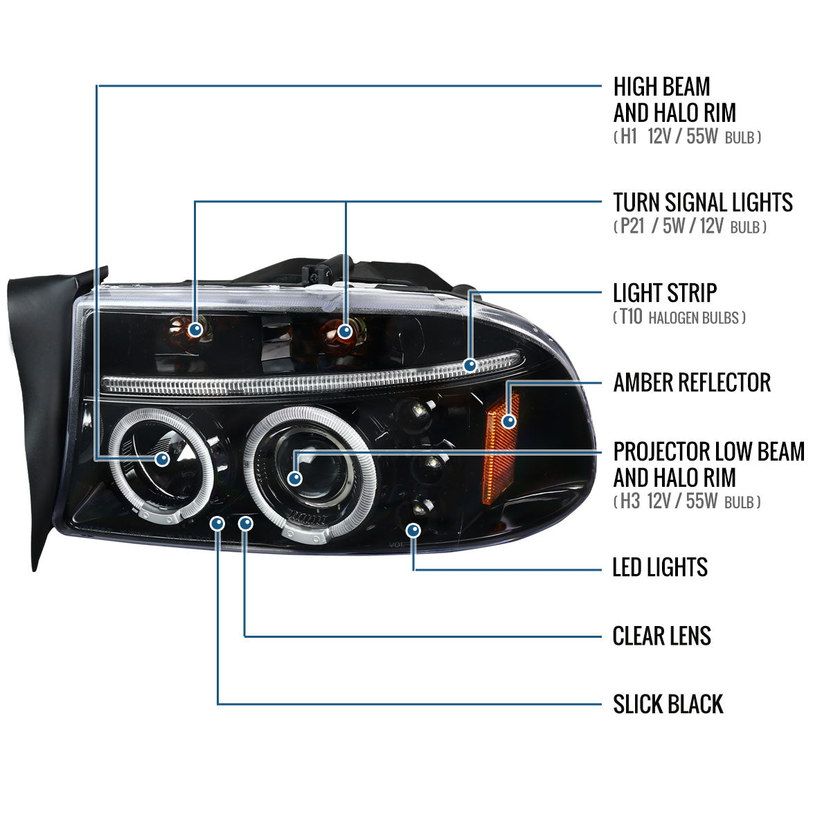 Ronnin - Compatible con Dodge Dakota Durango 1997-2004 Mejora de Luces LED de Circulación Diurna de Doble Aro Reemplazo de Faros Delanteros con Proyector Ensamblaje Par | Negro Brillante