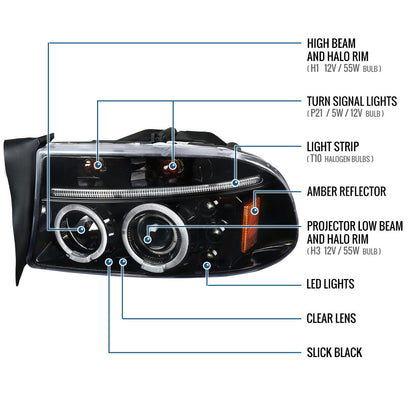 Ronnin - Compatible con Dodge Dakota Durango 1997-2004 Mejora de Luces LED de Circulación Diurna de Doble Aro Reemplazo de Faros Delanteros con Proyector Ensamblaje Par | Negro Brillante