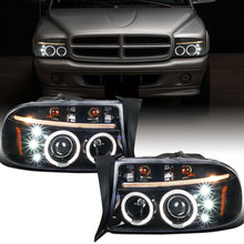 Ronnin - Fits 1997-2004 Dodge Dakota Durango Upgrade Replacement LED Dual Rims Running Lights Projector Headlights Assembly Pair | Gloss Black