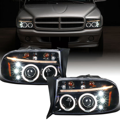 Ronnin - Compatible con Dodge Dakota Durango 1997-2004 Mejora de Luces LED de Circulación Diurna de Doble Aro Reemplazo de Faros Delanteros con Proyector Ensamblaje Par | Negro Brillante