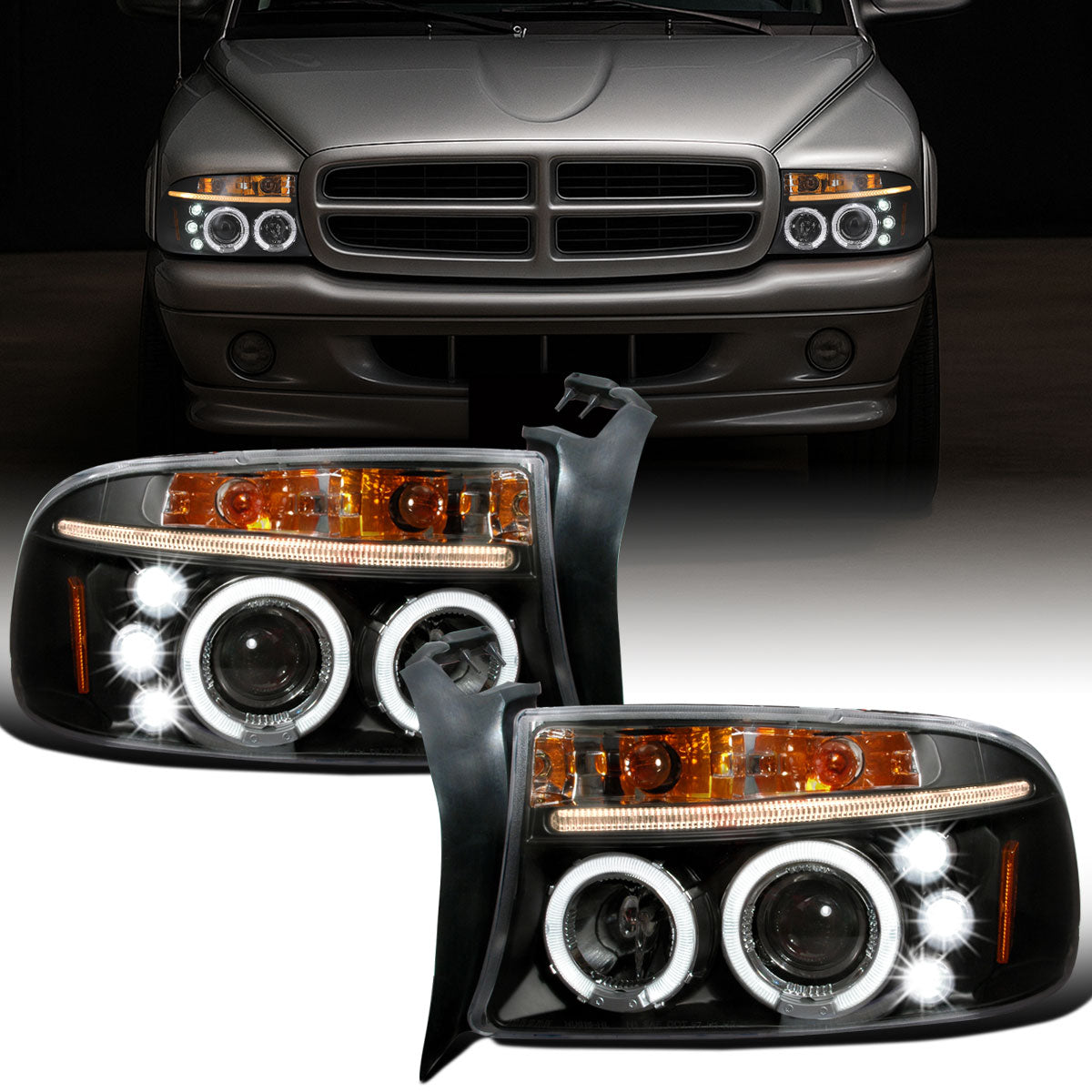 Ronnin - Se adapta a Dodge Dakota Durango 1997-2004 Mejora de repuesto LED Doble Aro Luces de circulación Conjunto de faros proyectores Par | Negro