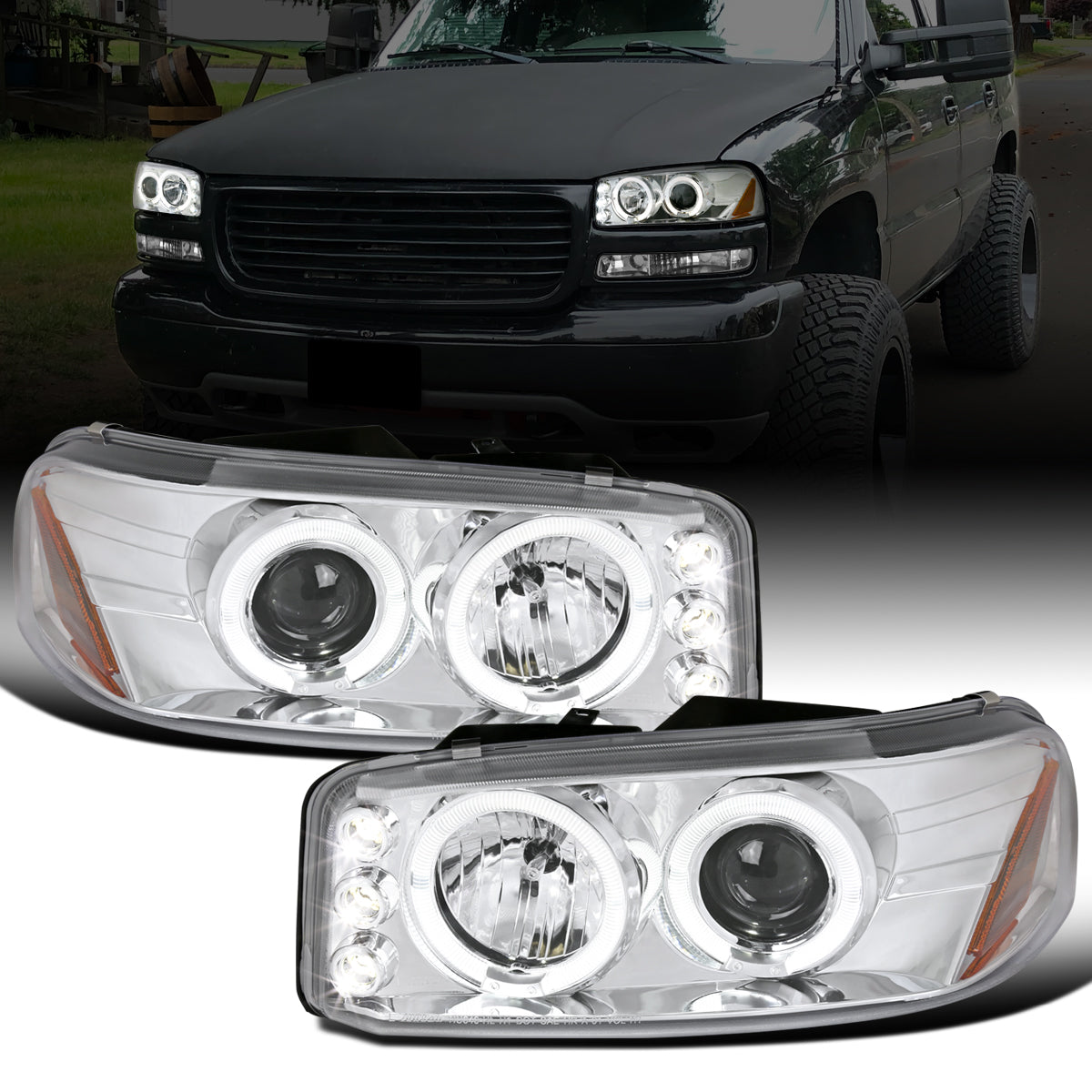 Ronnin - Fits 1999-2007 GMC Sierra Classic Yukon Denali Upgraded Replacement LED Dual Halo Rims Running Lights Projector Headlights Assembly Pair | Chrome