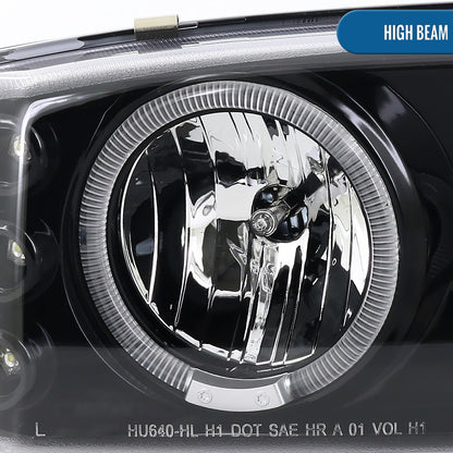 Ronnin - Fits 1999-2007 GMC Sierra Classic Yukon Denali Upgraded Replacement LED Dual Halo Rims Running Lights Projector Headlights Assembly Pair | Glossy Black