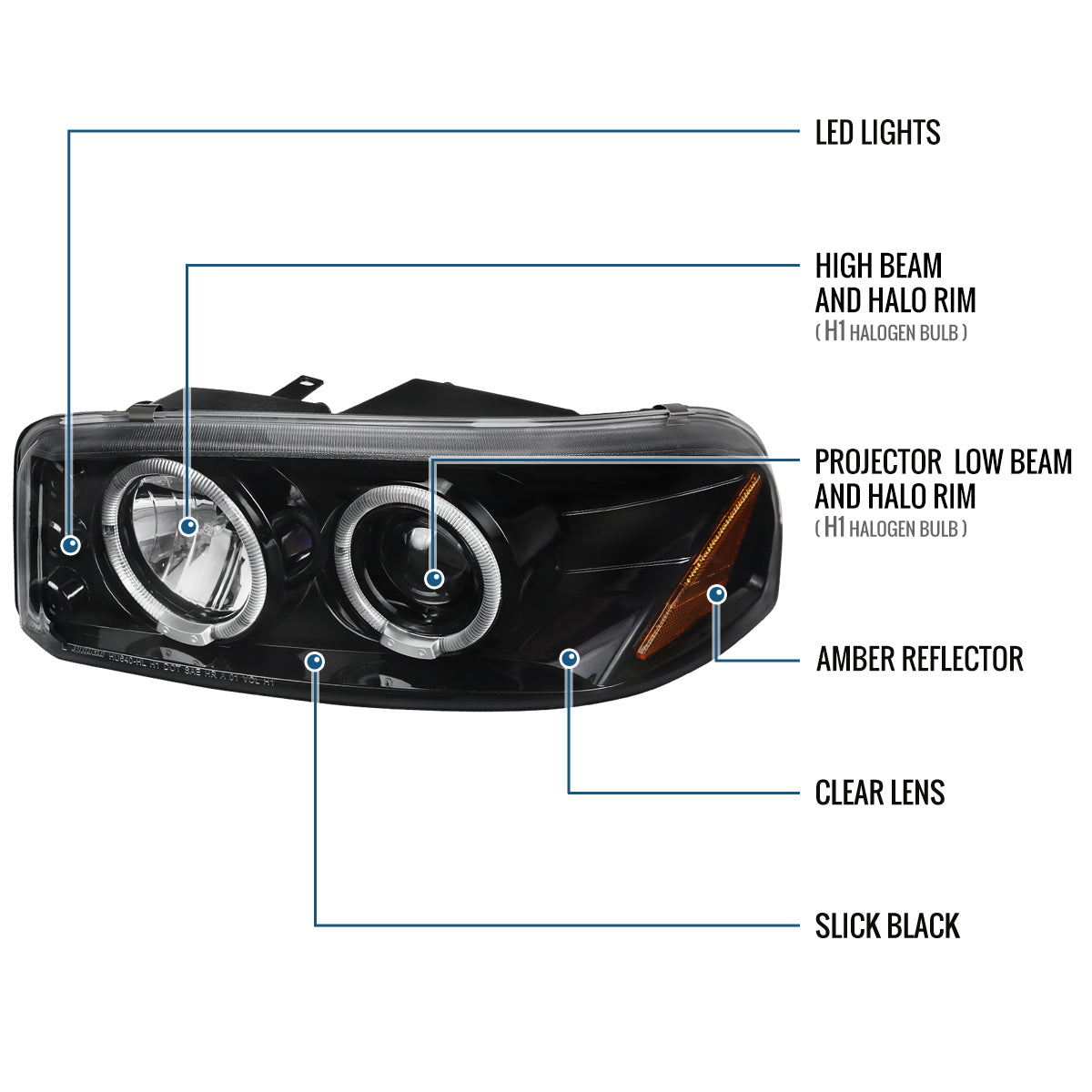 Ronnin - Fits 1999-2007 GMC Sierra Classic Yukon Denali Upgraded Replacement LED Dual Halo Rims Running Lights Projector Headlights Assembly Pair | Glossy Black