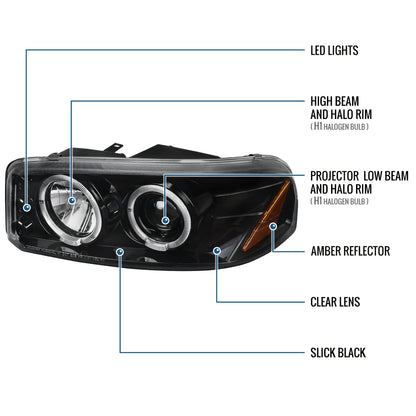 Ronnin - Fits 1999-2007 GMC Sierra Classic Yukon Denali Upgraded Replacement LED Dual Halo Rims Running Lights Projector Headlights Assembly Pair | Glossy Black