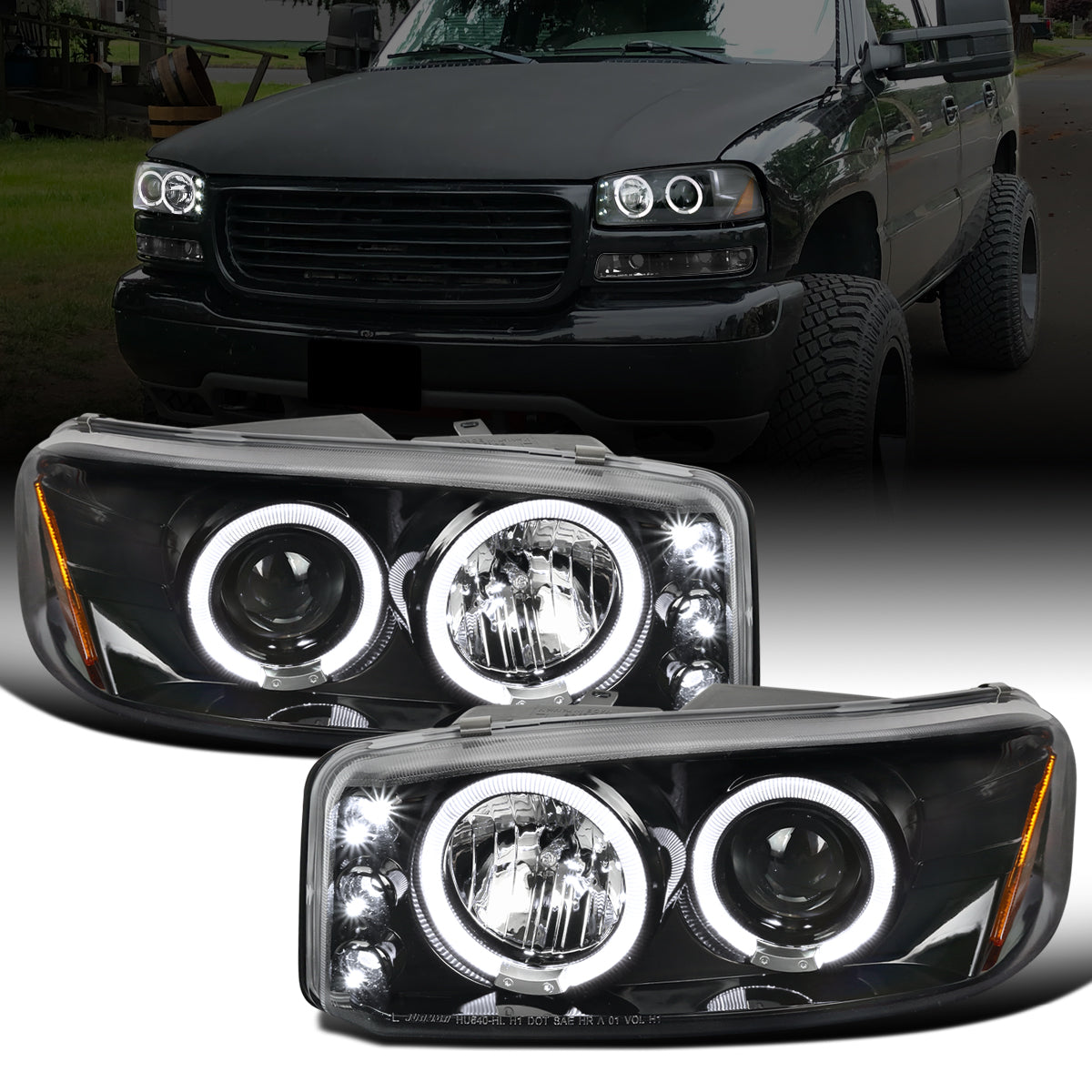 Ronnin - Fits 1999-2007 GMC Sierra Classic Yukon Denali Upgraded Replacement LED Dual Halo Rims Running Lights Projector Headlights Assembly Pair | Glossy Black