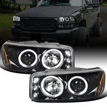 Ronnin - Fits 1999-2007 GMC Sierra Classic Yukon Denali Upgraded Replacement LED Dual Halo Rims Running Lights Projector Headlights Assembly Pair | Glossy Black