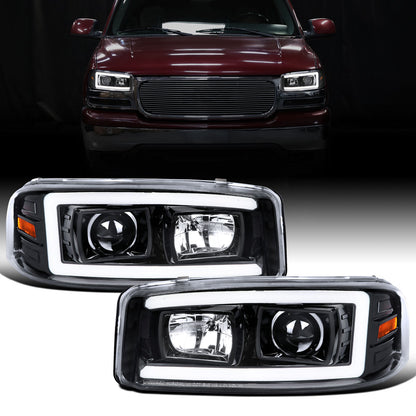 Ronnin - Fits 1999-2007 GMC Sierra Yukon XL Denali Upgraded Replacement LED Tube Running Lights Projector Headlights Assembly Pair | Glossy Black