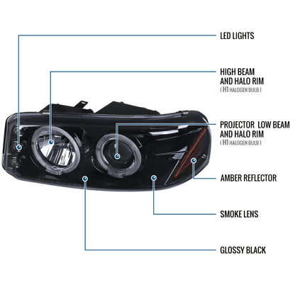Ronnin - Fits 1999-2007 GMC Sierra Classic Yukon Denali Upgraded Replacement LED Dual Halo Rims Running Lights Projector Headlights Assembly Pair | Black Smoke