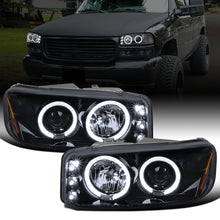 Ronnin - Fits 1999-2007 GMC Sierra Classic Yukon Denali Upgraded Replacement LED Dual Halo Rims Running Lights Projector Headlights Assembly Pair | Black Smoke