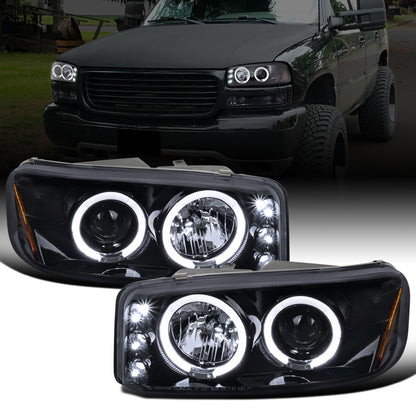 Ronnin - Fits 1999-2007 GMC Sierra Classic Yukon Denali Upgraded Replacement LED Dual Halo Rims Running Lights Projector Headlights Assembly Pair | Black Smoke
