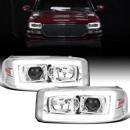 Ronnin - Fits 1999-2007 GMC Sierra Yukon XL Denali Upgraded Replacement LED Tube Running Lights Projector Headlights Assembly Pair | Chrome