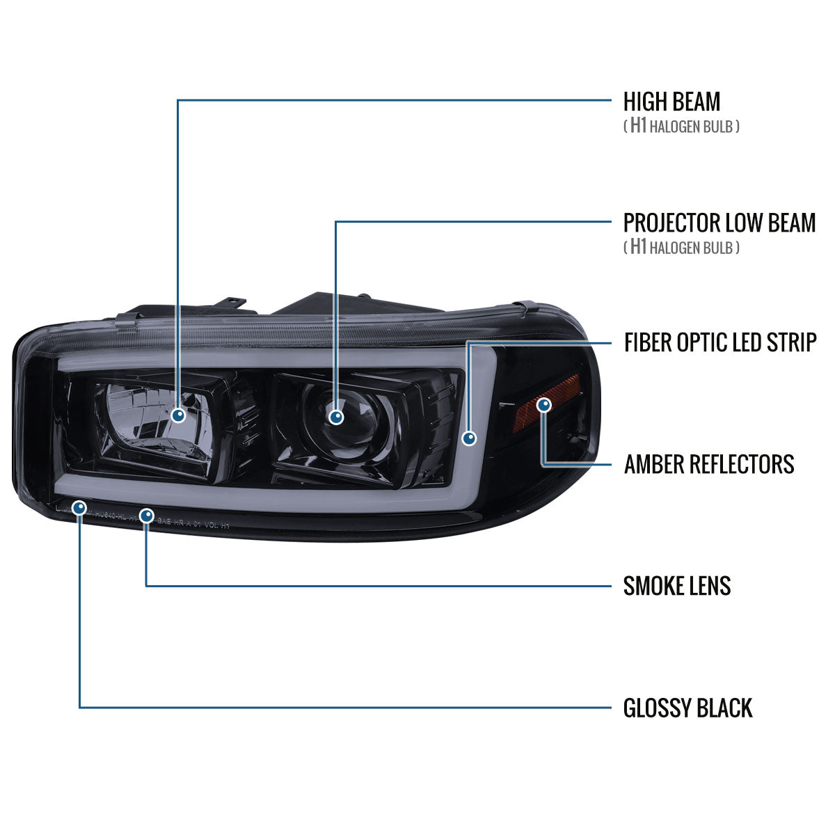 Ronnin - Fits 1999-2007 GMC Sierra Yukon XL Denali Upgraded Replacement LED Tube Running Lights Projector Headlights Assembly Pair | Black Smoke