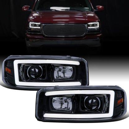 Ronnin - Fits 1999-2007 GMC Sierra Yukon XL Denali Upgraded Replacement LED Tube Running Lights Projector Headlights Assembly Pair | Black Smoke