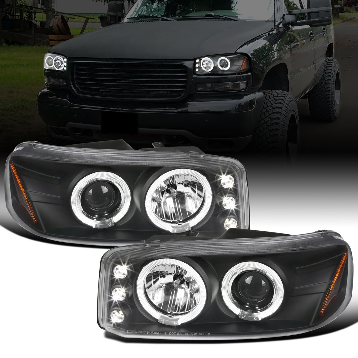 Ronnin - Fits 1999-2007 GMC Sierra Classic Yukon Denali Upgraded Replacement LED Dual Halo Rims Running Lights Projector Headlights Assembly Pair | Black