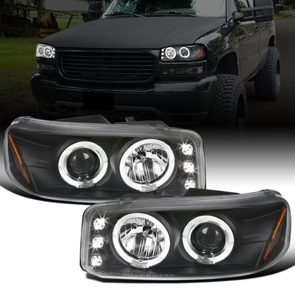 Ronnin - Fits 1999-2007 GMC Sierra Classic Yukon Denali Upgraded Replacement LED Dual Halo Rims Running Lights Projector Headlights Assembly Pair | Black