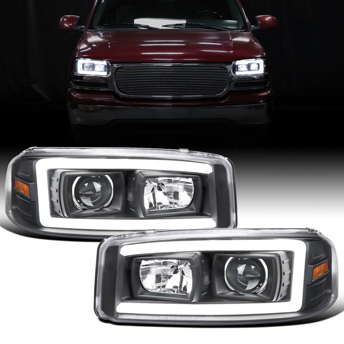 Ronnin - Fits 1999-2007 GMC Sierra Yukon XL Denali Upgraded Replacement LED Tube Running Lights Projector Headlights Assembly Pair | Black