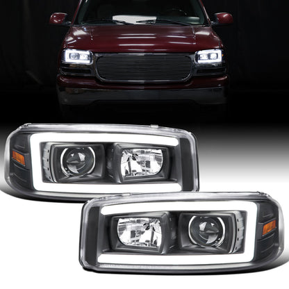 Ronnin - Fits 1999-2007 GMC Sierra Yukon XL Denali Upgraded Replacement LED Tube Running Lights Projector Headlights Assembly Pair | Black