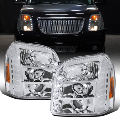 Ronnin - Compatible con GMC Yukon XL 1500 2500 SLT Denali 2007-2014 Proyector de faros con luces LED, par | Cromado